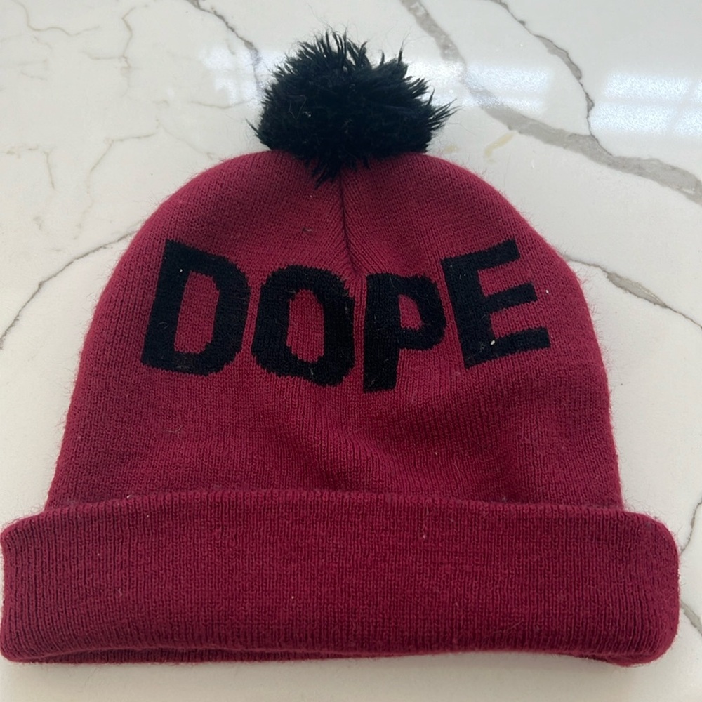 Maroon and black “DOPE” winter hat